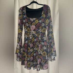 Dark Floral Sheer Bell Sleeve Long Sleeve Dress